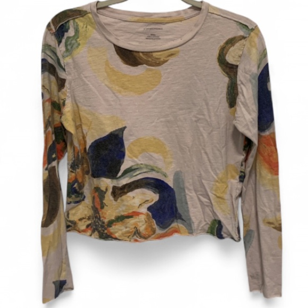 Anthropologie Beige Artsy Print Cropped Boho Long Sleeve Shirt